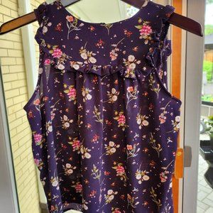 Blue Floral Print Ruffled Tank Top